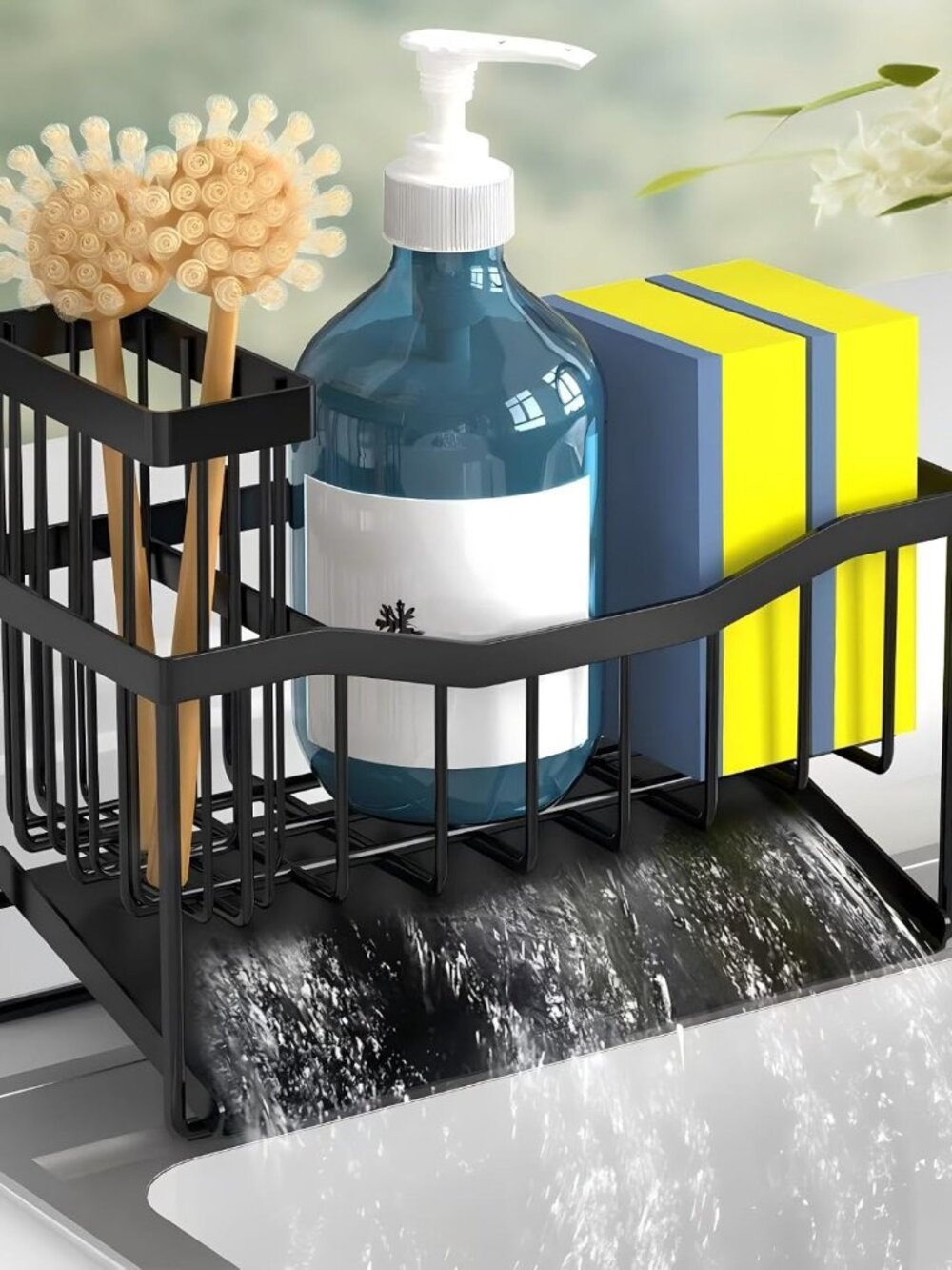 Sink Caddy Sponge Holder for Kitchen with Brush Holder and Stainless Steel Self